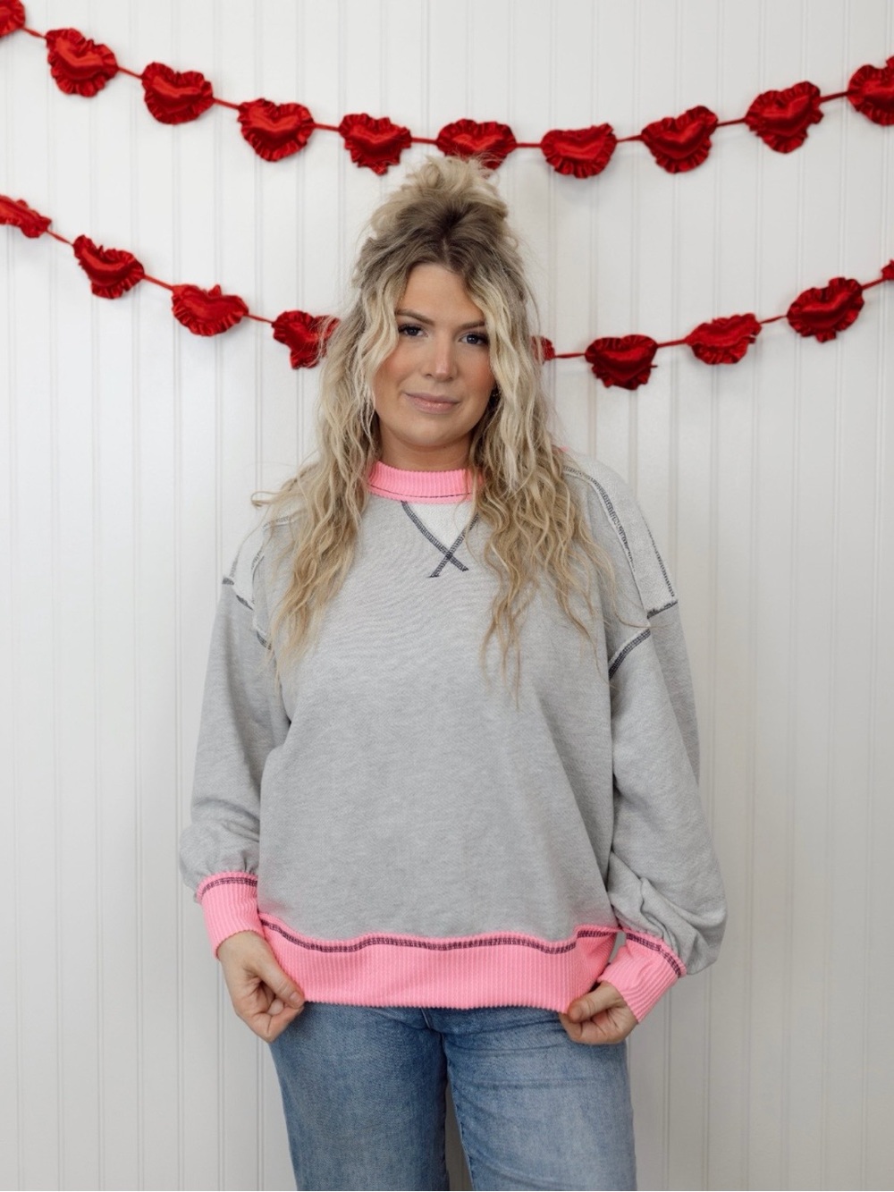 NWT Bucketlist "Leah Pullover” Gray🩶French Terry🥰 & Bubblegum🫧Pink🩷Trim • Large